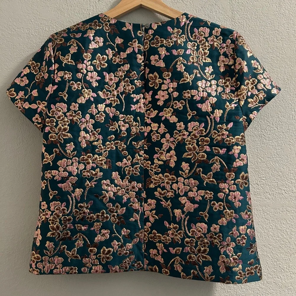 J. Crew Collection Womens Emerald Green Floral Brocade Top Size S $148 - Picture 2 of 7